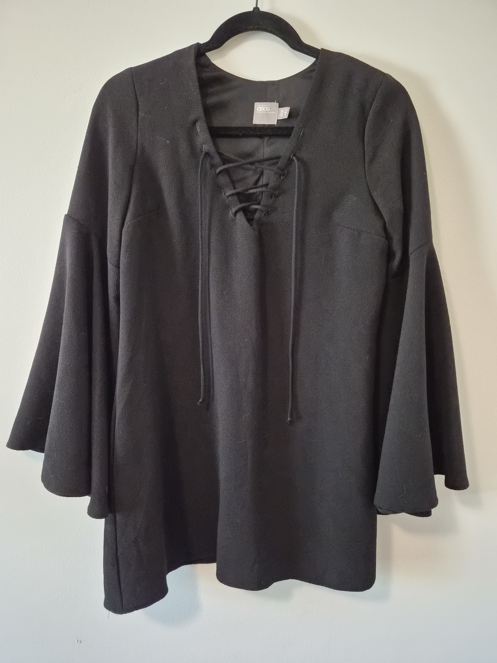 ASOS Black Lace-Up Bell Sleeve Mini Dress Size 4
